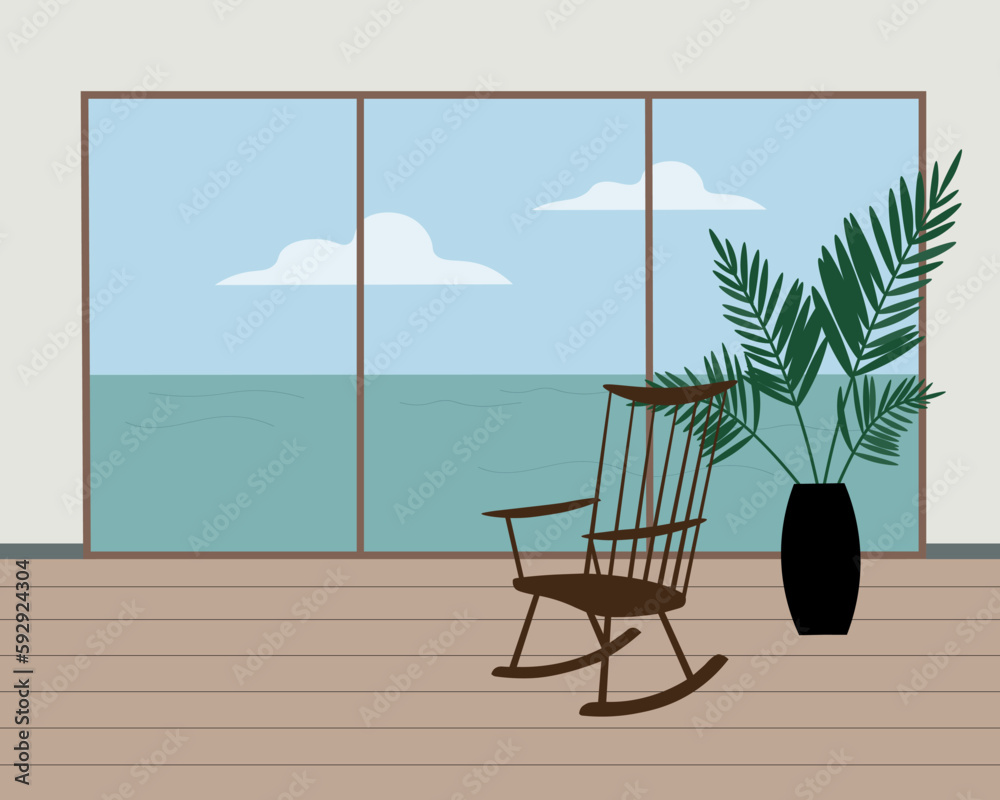 Φωτογραφία Room interior with large window, Nakashima rocking chairs, wooden floor and houseplant