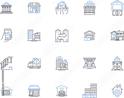 Property investment outline icons collection. investment, property, realestate, rentals, yielding, revenue, capital vector and illustration concept set. return, leasing, mortgaging linear signs