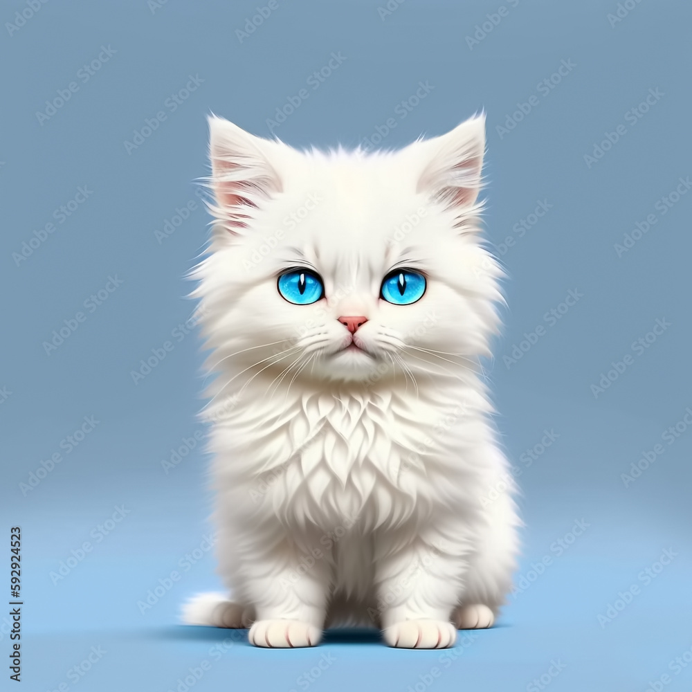 Cute and adorable little white kitten on blue background. Generative AI