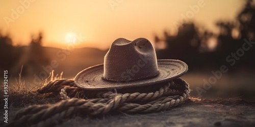 Rustic outdoor backdrop. Sunset Rural background with close up cowboy hat and rope. Generative ai.