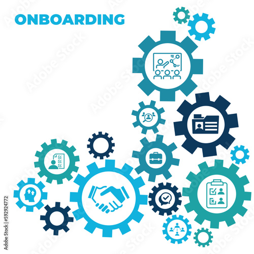 Onboarding vector illustration. Concept with connected icons related to welcoming new hire, welcome culture in the company, employee satisfaction, talent retention, workforce training.
