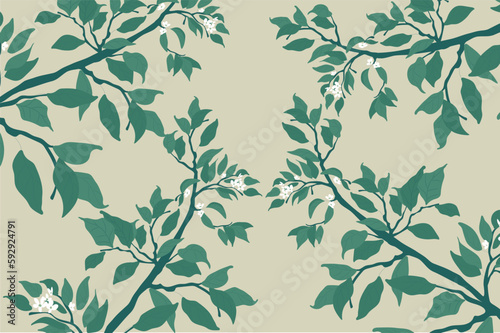 Seamless pattern of branches with leaves and small white flowers isolated on a beige background