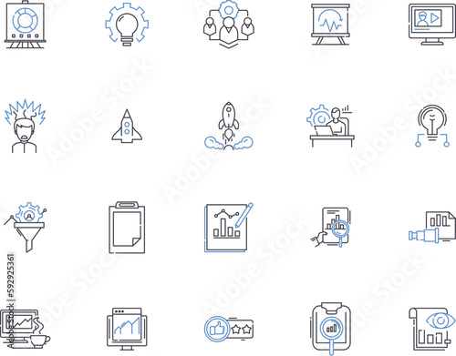 Strategic management outline icons collection. Planning, Decision-making, Organizing, Leadership, Strategy, Analysis, Adaptation vector and illustration concept set. Implementation,Forecasting