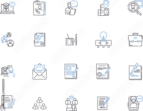 Recruitment outline icons collection. Hiring, Interviews, Staffing, Job-seeking, CVs, Candidates, Skills vector and illustration concept set. Resumes, Networking, Outreach linear signs
