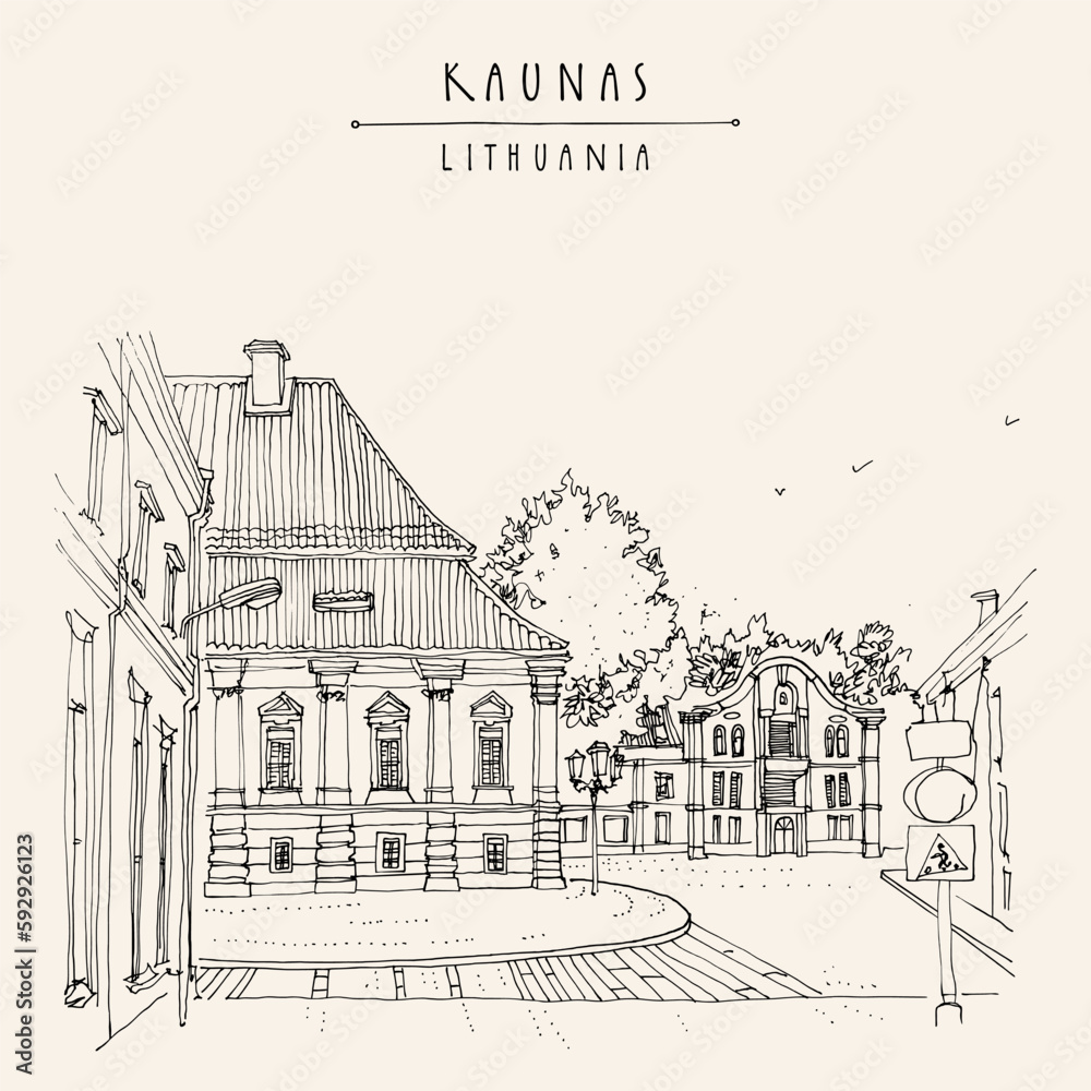 Vector Kaunas, Lithuania, Europe touristic postcard. Old town beautiful heritage buildings, street. Lithuanian travel sketch, line drawing, engraving. Vintage hand drawn artistic poster, greeting card