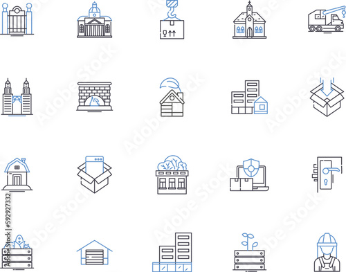 Building restoration outline icons collection. Rebuilding, Preservation, Renovation, Rehabilitation, Refurbishment, Conserve, Repair vector and illustration concept set. Maintenance, Reinforcement
