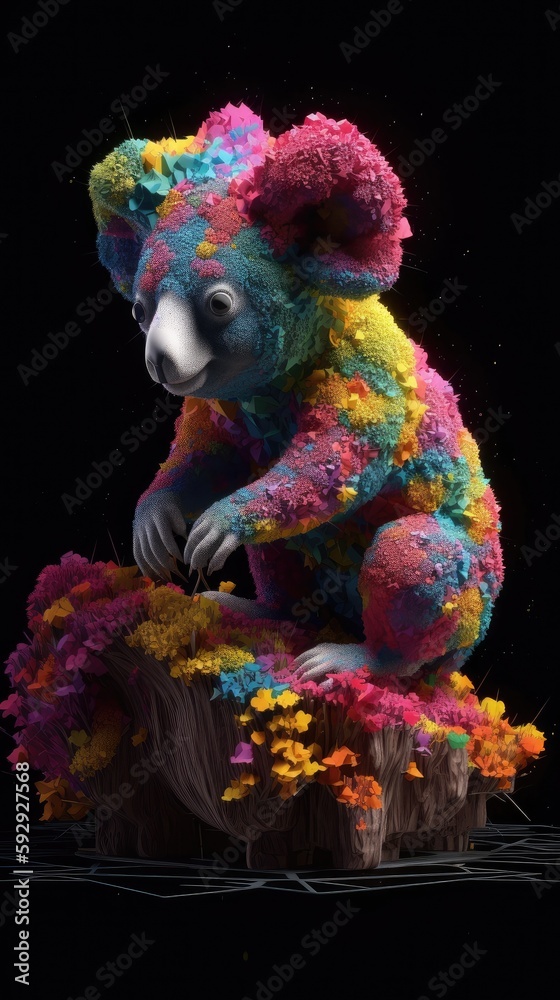 A Cumulonimbus Koala, surrealism, hypermaximalism, voxel art diorama, bright colors, splattercore, divine being