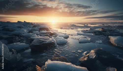 Sun on the horizon in the Arctica, ice sea