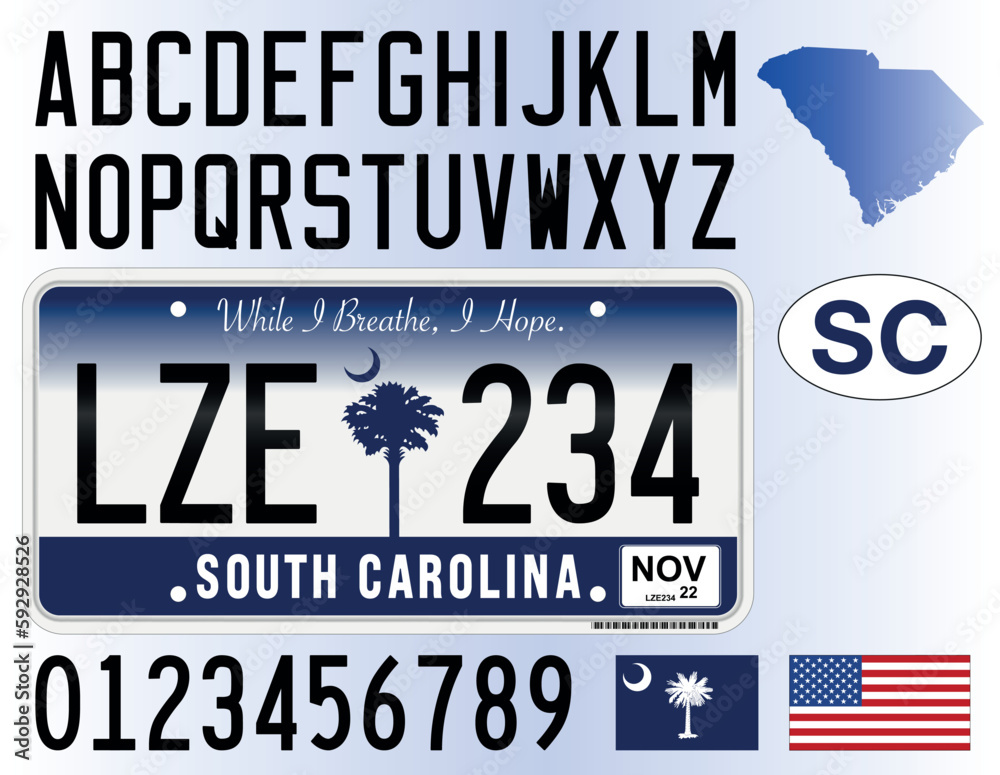 Εκτύπωση καμβά South Carolina car license plate new style 2016, letters, numbers and symbols, v