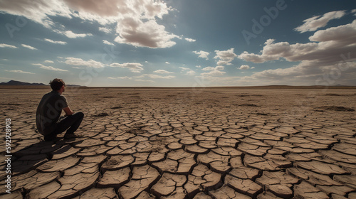 Senior man sitting in the dry arid land. Global warming concept Generative AI