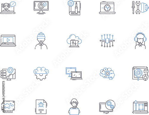 Web programming outline icons collection. Web, programming, HTML, CSS, JavaScript, AJAX, XML vector and illustration concept set. PHP, MySQL, JQuery linear signs