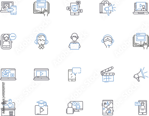 Mass media outline icons collection. Media, Mass, Journalism, Broadcast, Communication, Public, Television vector and illustration concept set. Radio, Social, Networking linear signs
