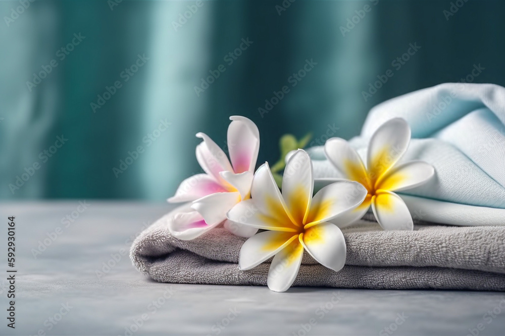 Spa concept with stones and plumeria. Super photo realistic background, generative ai illustration Spa concept with stones and plumeria. Super photo realistic background, generative ai illustration