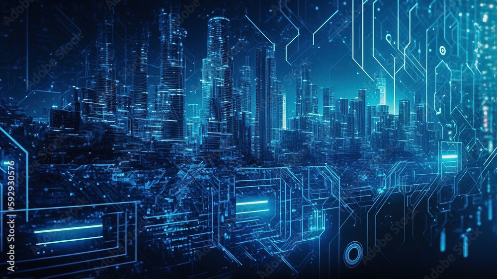 Digital technology blue banner with city background 04 generative ai
