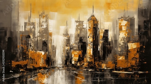 Abstract metropolitan monochromatic cityscape painted with a monotonic yellow and white palette, created with Generative AI © Engorgio