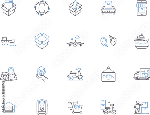 Supply chain outline icons collection. Logistics, Management, Optimization, Supply, Chain, Distribution, Tracking vector and illustration concept set. Warehouse, Inventory, Forecasting linear signs
