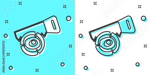 Black line Hand saw and log icon isolated on green and white background. Random dynamic shapes. Vector