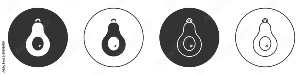 Black Avocado fruit icon isolated on white background. Circle button. Vector Black Avocado fruit icon isolated on white background. Circle button. Vector
