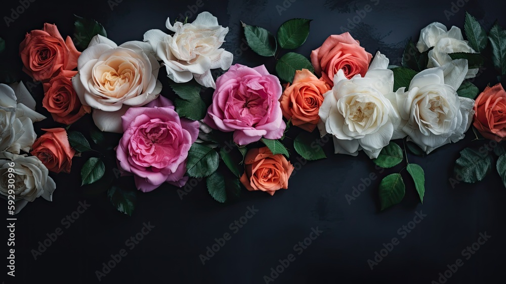 Bunch of roses on black background with copy space for special celebration like valentine's day, women's day and mother's day etc. Bunch of roses on black background with copy space for special celebration like valentine's day, women's day and mother's day etc.