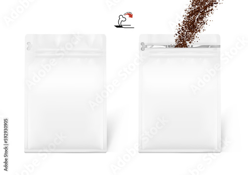 Realistic pouch bag with tab mockup isolated on white background. Open and close front view. Can be used on packaging, advertising, promo, etc. EPS10.	