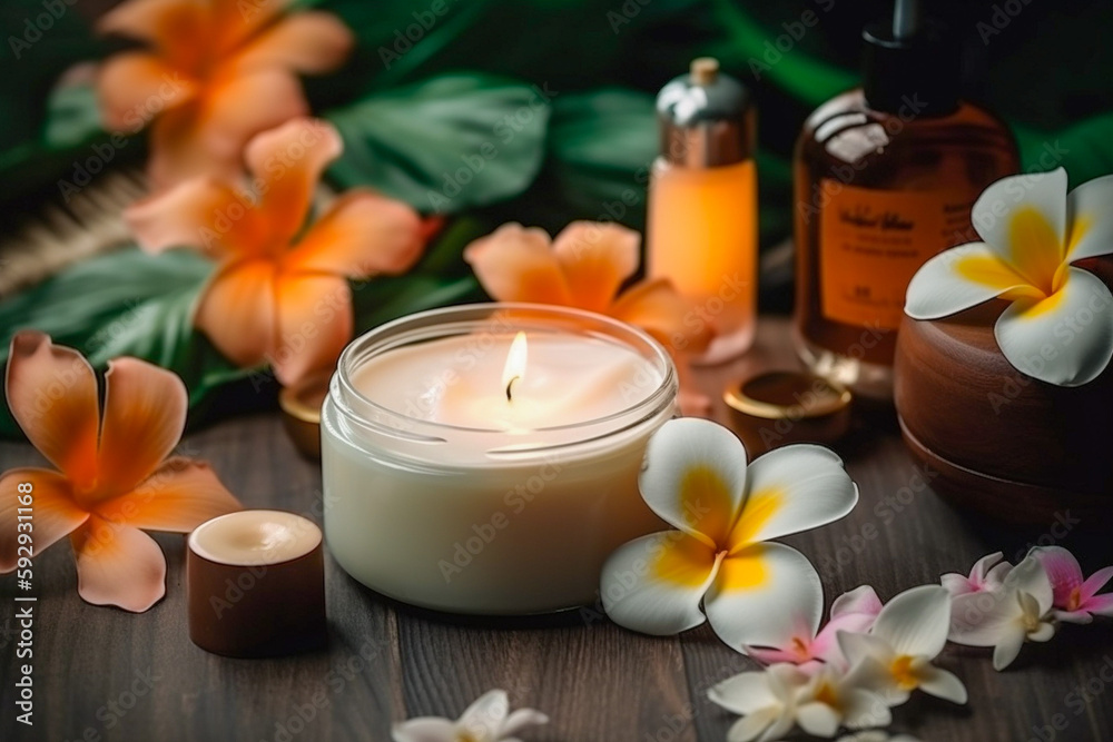 Spa concept with stones and plumeria. Super photo realistic background, generative ai illustration Spa concept with stones and plumeria. Super photo realistic background, generative ai illustration
