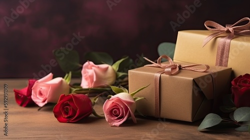 Roses with gifts and copy space for text, background for special celebration like valentine's day, women's day and mother's day etc. © Moonlight Graphics
