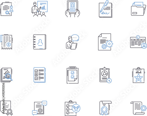 Reports outline icons collection. Reports, Document, Publication, Record, Analysis, Summary, Logs vector and illustration concept set. Findings, Investigations, Surveys linear signs