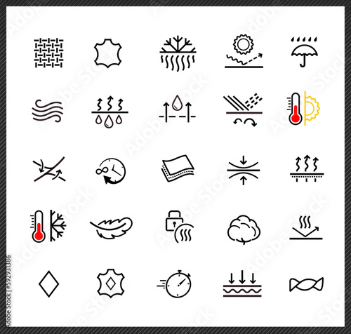 Set of icons for protective material. Vector elements on white background. Ideal for outerwear, industrial,  jackets, pads, diapers, napkins, shoes, etc. EPS10.	