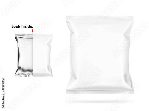 Blank pillow bag mockup with an additional view for the product. Vector illustration isolated on white background. The mock-up will make the presentation look as realistic as possible. EPS10.