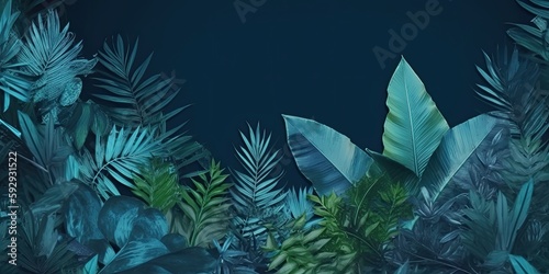 Collection of tropical leaves foliage plant in blue - generative ai