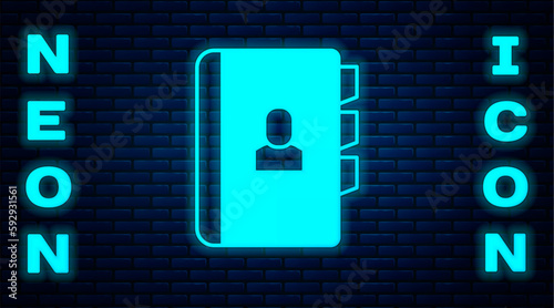 Glowing neon Resume icon isolated on brick wall background. CV application. Searching professional staff. Analyzing personnel resume. Vector