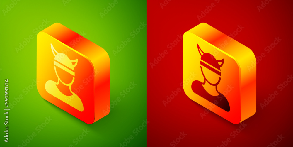 Isometric Viking head icon isolated on green and red background. Square button. Vector Isometric Viking head icon isolated on green and red background. Square button. Vector