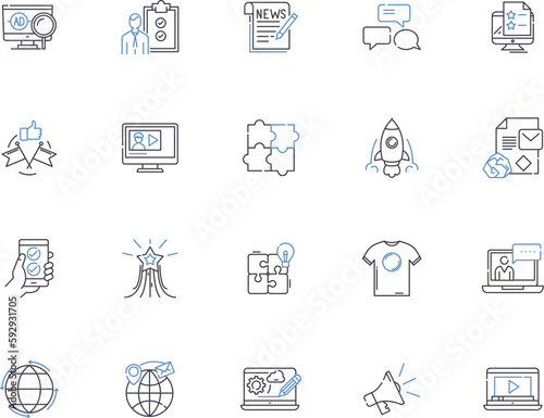 Public and government relations outline icons collection. Public, Government, Relations, & Political, Affairs, Engagement, Advocacy vector and illustration concept set. Publicity, Reputation