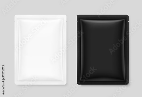 White and black realistic sachet mockup set. Vector illustration. Flat lay view. Packaging for cosmetic, food, pet. Ready for your design. EPS10.	