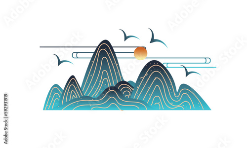 Seagulls flying over the hills and mountains at sunset, isolate don a white background