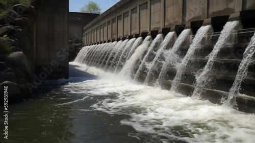 Water flowing out of a dam in the middle of a river. Generative AI