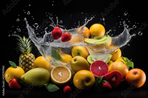 Fruit slices splashing into water - generative ai