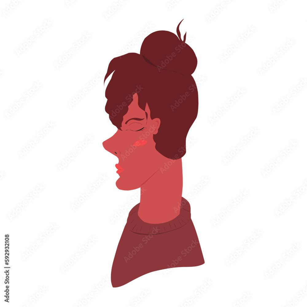 Girl with closed eyes, stands in profile, with a bun on her head and in a sweater, a flat hand-drawn illustration