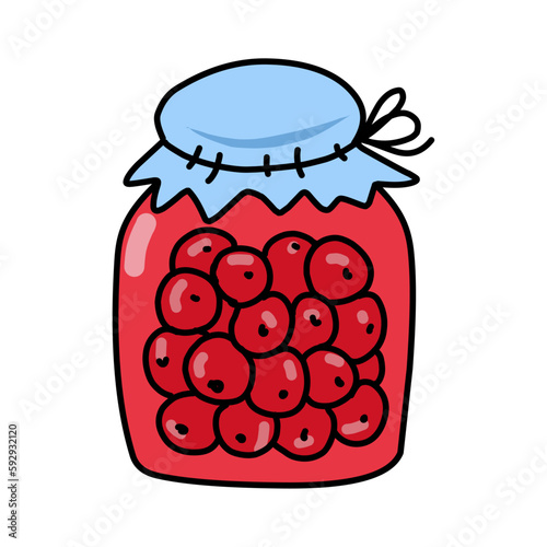 Jar with red jam and currant berries, doodle, color, hand drawing