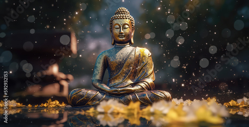 Buddha meditating on lotuses, generative AI © Kien