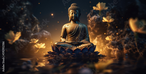 Buddha meditating on lotuses  generative AI