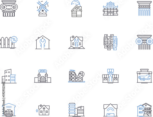 Buildings outline icons collection. Architecture, Structures, Edifices, Skylines, Infrastructures, Skyscrapers, Facades vector and illustration concept set. Turrets, Spires, Columns linear signs