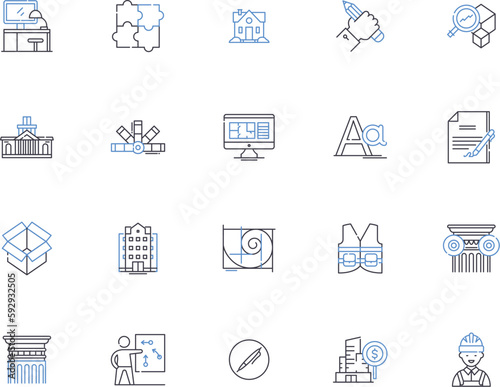 Engineering outline icons collection. Engineering, Design, Construct, Create, Develop, Assemble, Invent vector and illustration concept set. Analyze, Manufacture, Program linear signs