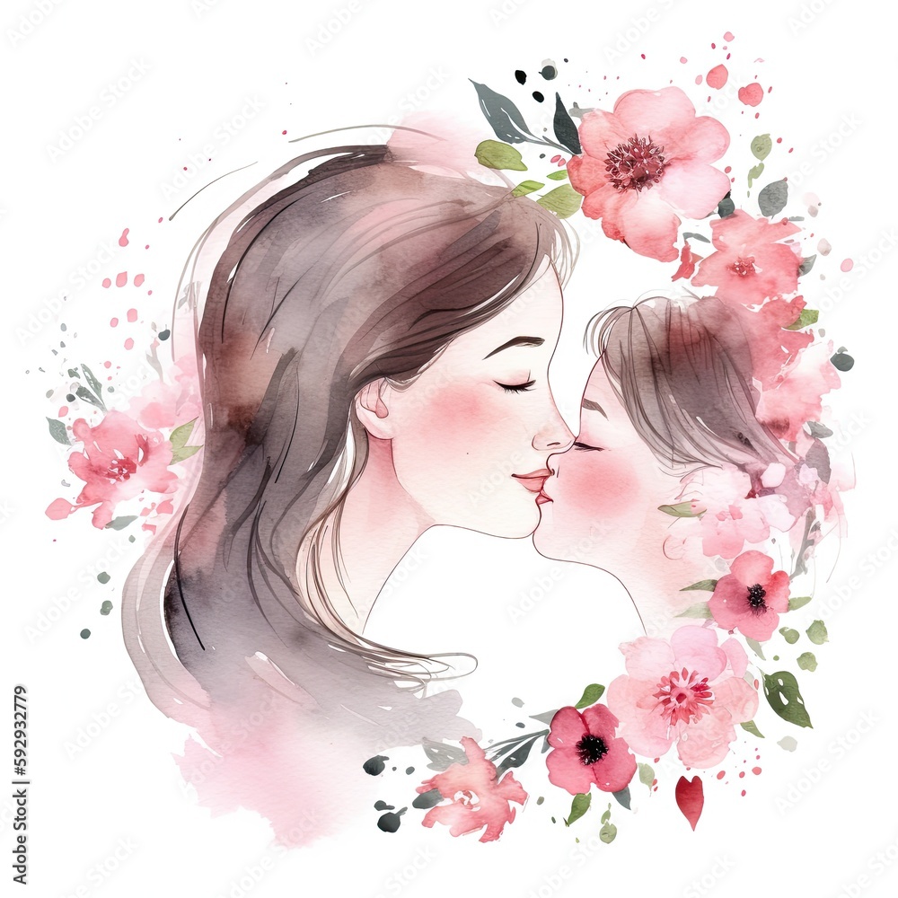 Fototapeta premium Mother's day watercolor illustration of mother and baby on white Background. generative Ai
