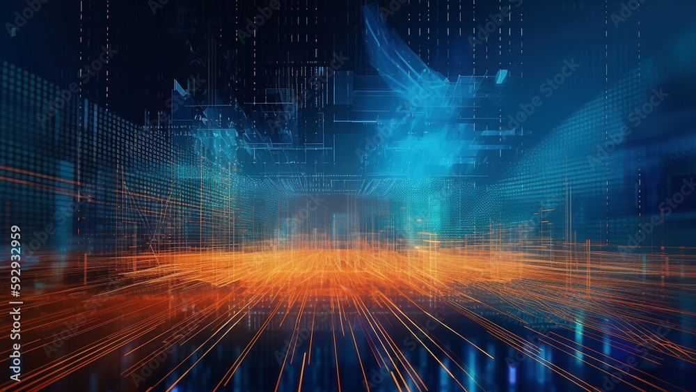 Obraz premium Digital technology banner orange blue, cyber technology light effect, abstract tech, innovation future data network 04 generative ai