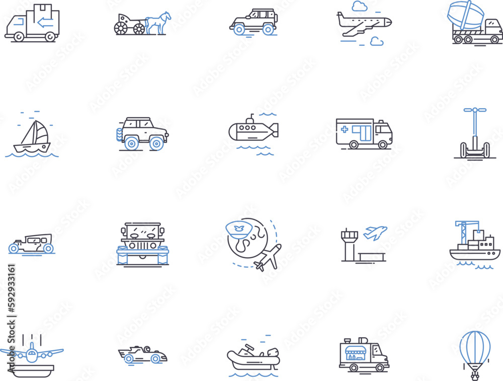 Transport outline icons collection. Transportation, vehicular, shipping, route, commute, conveyance, wagon vector and illustration concept set. ferry, haul, quicken linear signs Transport outline icons collection. Transportation, vehicular, shipping, route, commute, conveyance, wagon vector and illustration concept set. ferry, haul, quicken linear signs