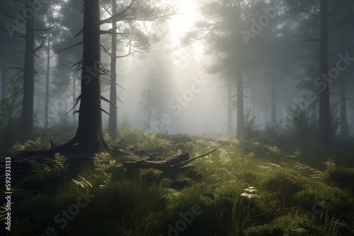 A minimalist landscape with a serene forest or woodland scene  Generative AI