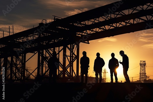 Silhouette of engineers and construction team working next to an industrial structure - generative ai