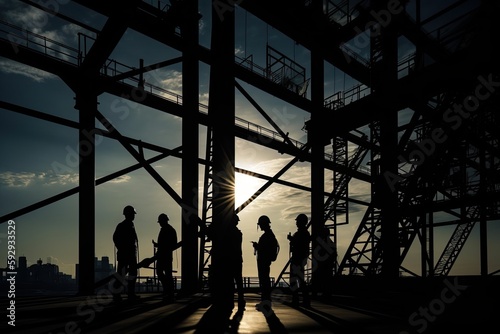 Silhouette of engineers and construction team working next to an industrial structure - generative ai