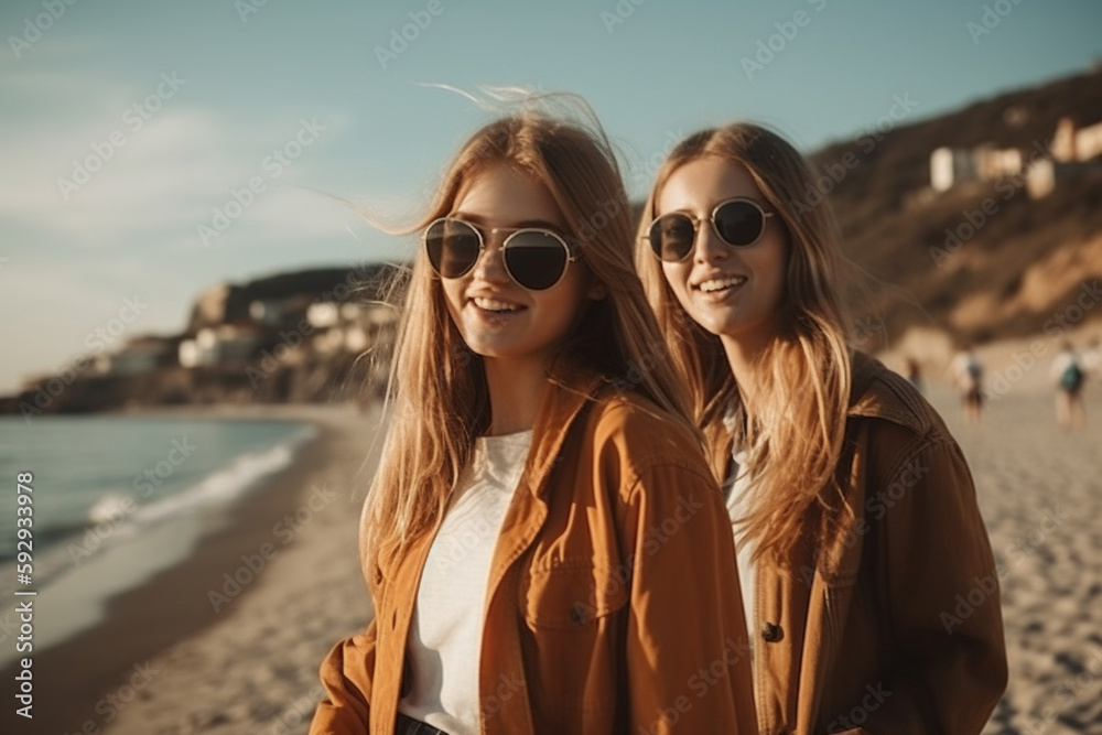 girlfriends on the beach, young teenager or young adult women travel together enjoying beach vacation, fictional place. Generative AI